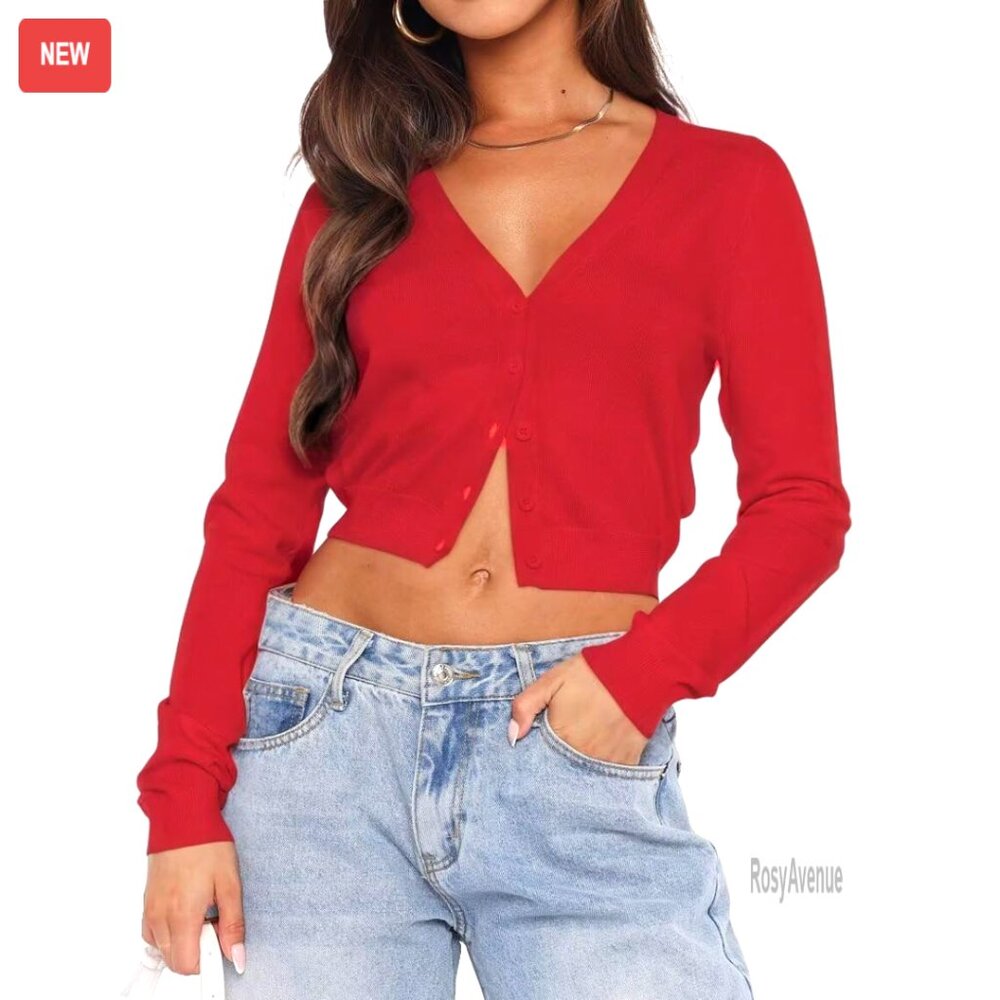 Cropped V-Neck Cardigan Long Sleeve Open Front Button Down Knit Sweater Chic